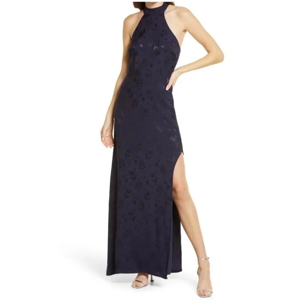 Lulus Red Carpet Ready Halter Column Gown Navy Blue Women's Small NWOT